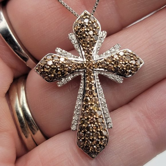 Sterling Silver Brown and White Diamond Cross Necklace